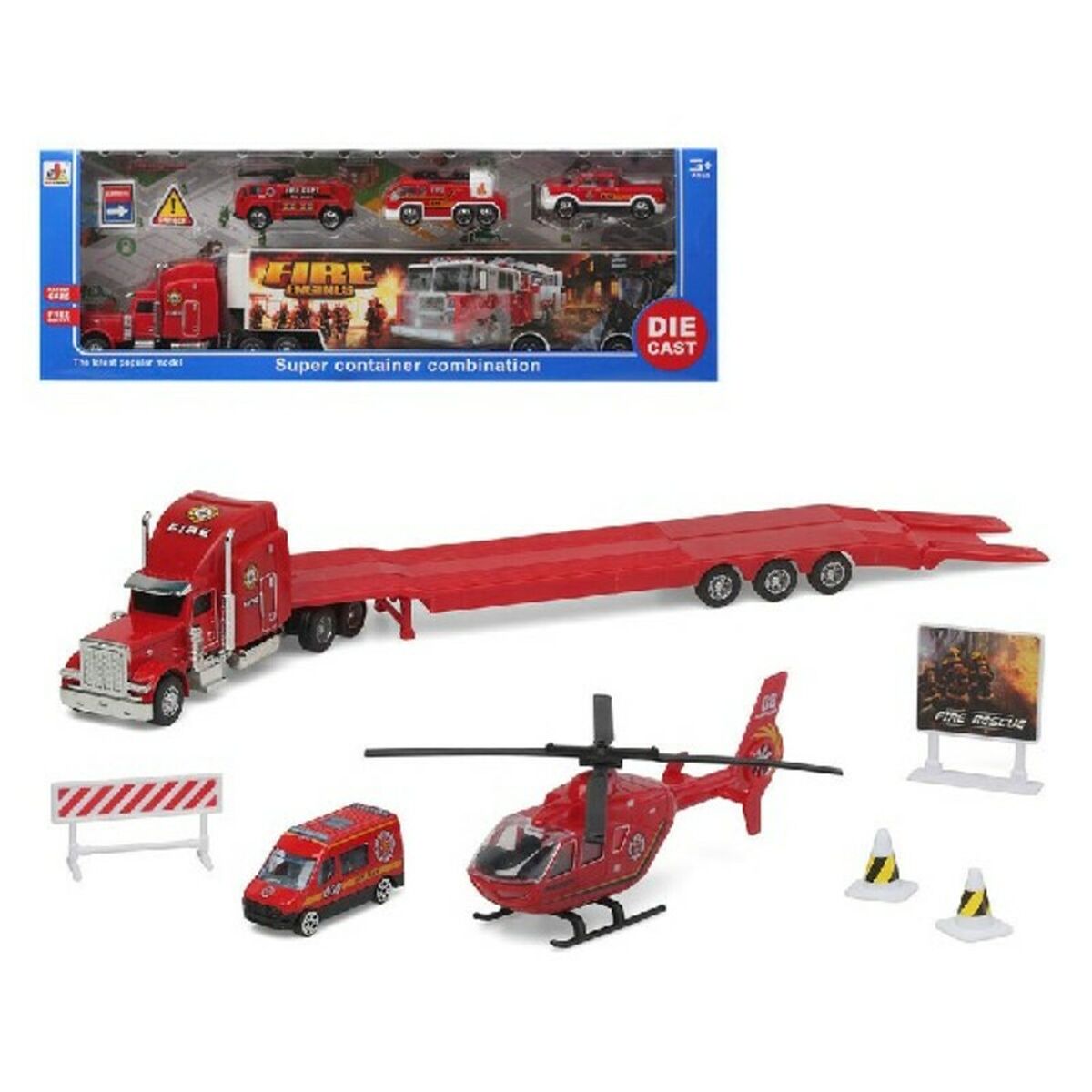 Bigbuy Fun - Playset Super Container Fire Camião Porta-veículos 39 x 14 cm