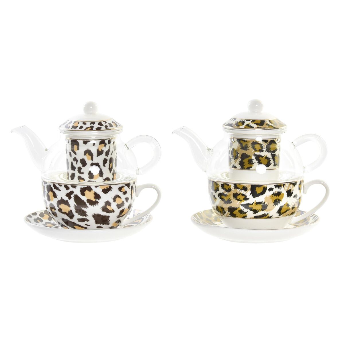 DKD Home Decor - Bule DKD Home Decor Leopardo Cristal Porcelana Castanho Transparente Branco (2 Unidades)