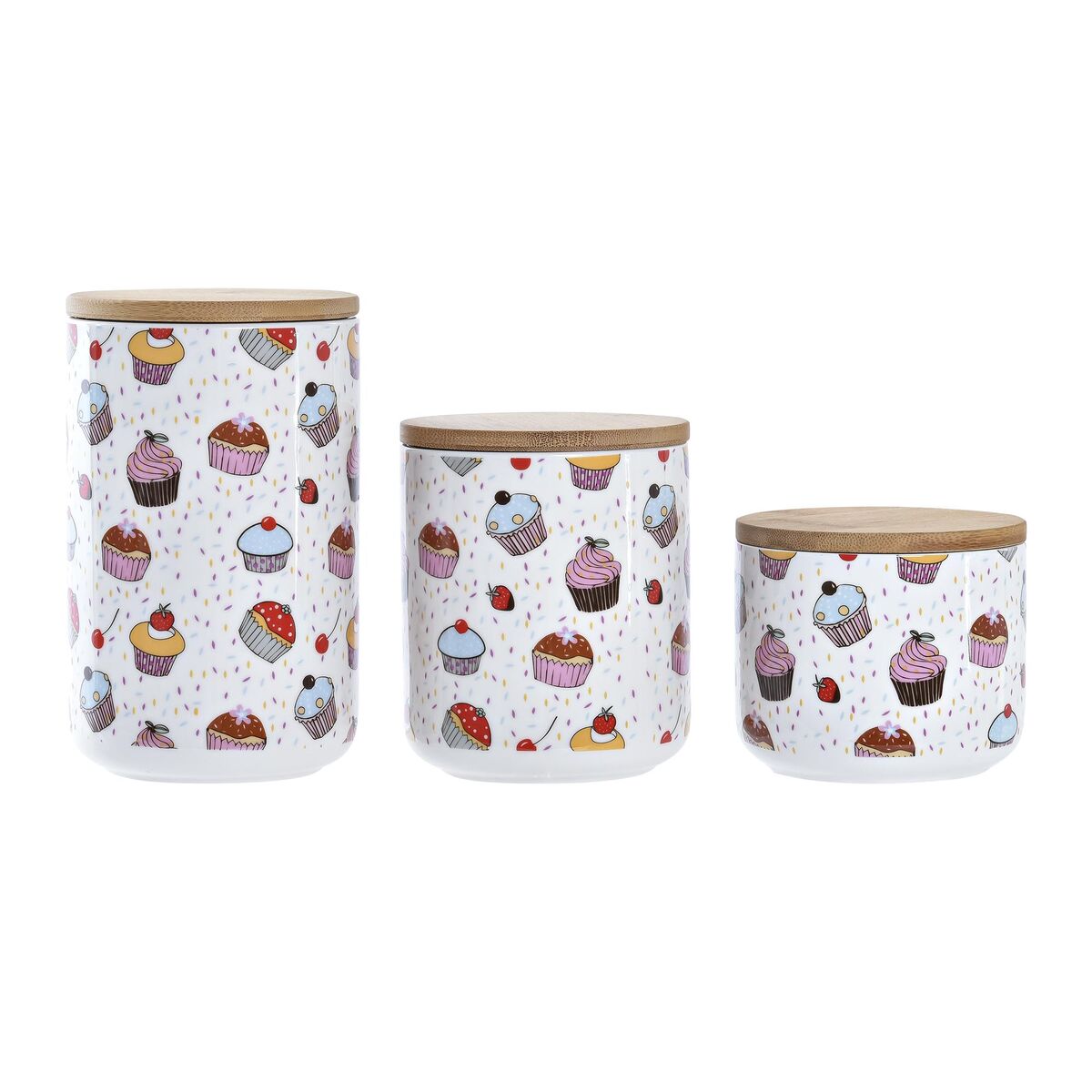 DKD Home Decor - Conjunto de 3 Potes DKD Home Decor Natural Branco Multicolor Bambu Grés 10 x 10 x 17 cm Cupcake