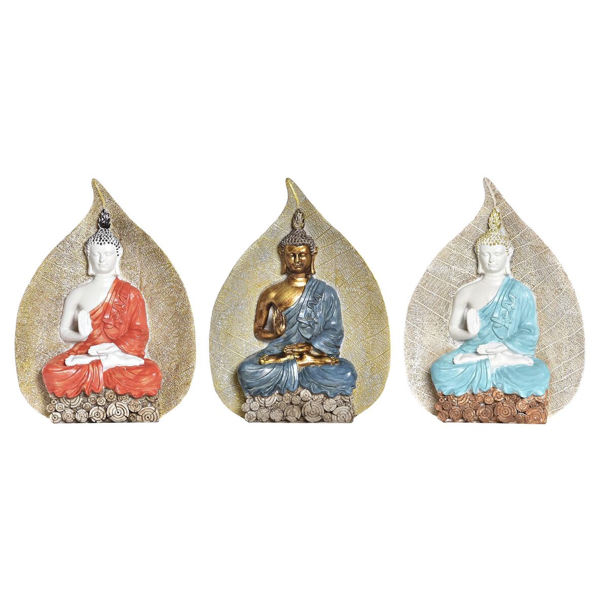 DKD Home Decor - Figura Decorativa DKD Home Decor Azul Vermelho Laranja Dourado Buda Oriental 15,5 x 5 x 20,7 cm (3 Peças)