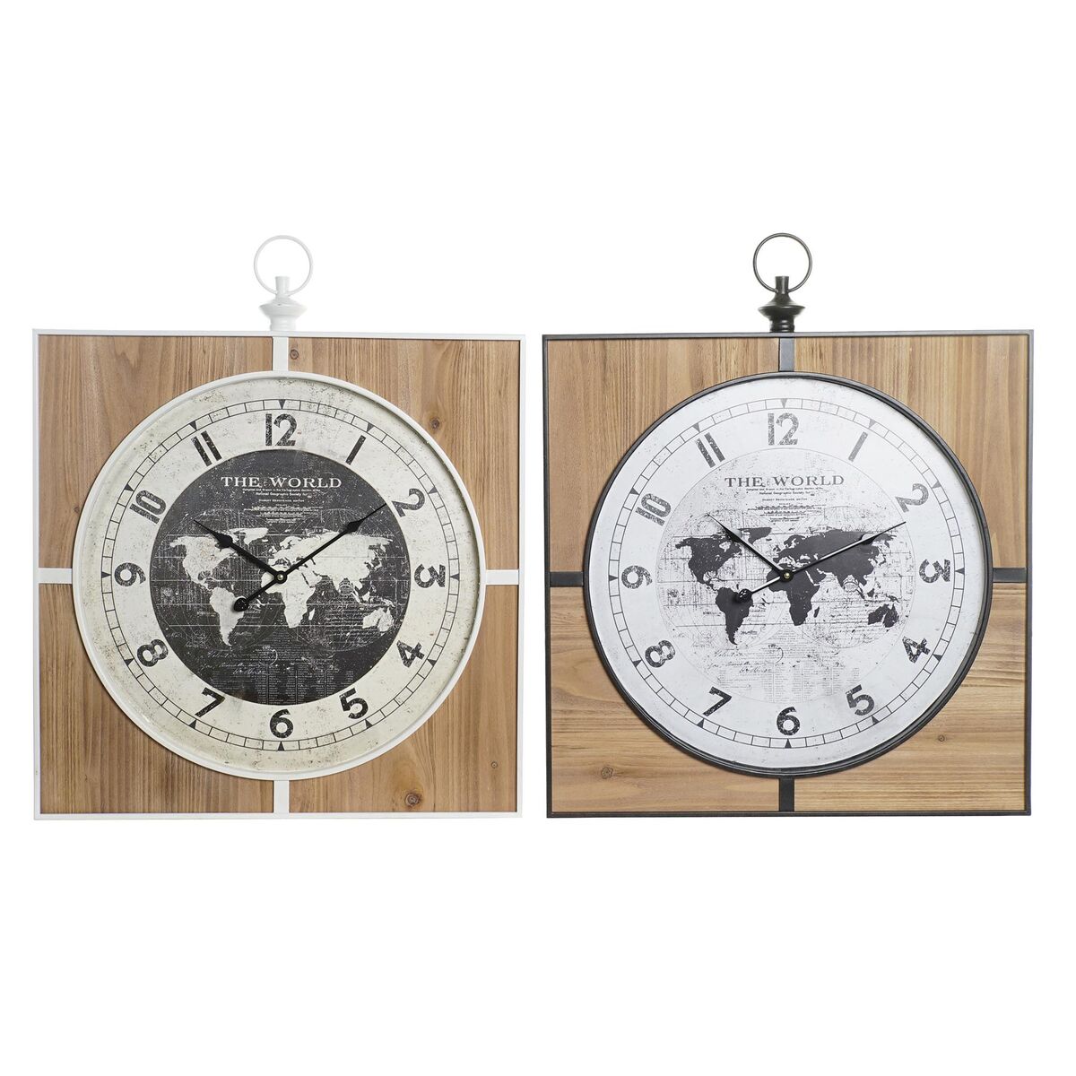 DKD Home Decor - Relógio de Parede DKD Home Decor Preto Branco Ferro Vintage 60 x 4,5 x 60 cm Madeira MDF Mapa do Mundo (2 Unidades)