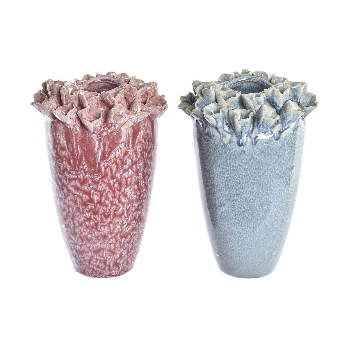 DKD Home Decor - Vaso DKD Home Decor Cor de Rosa Turquesa Grés Flor Mediterrâneo 18 x 18 x 25 cm 16 x 16 x 26 cm (2 Unidades)