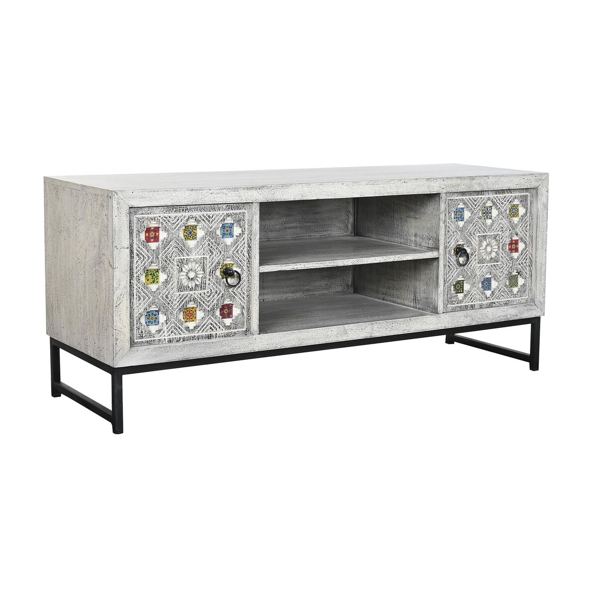 DKD Home Decor - Móvel de TV DKD Home Decor Branco Bege Cinzento Multicolor Cerâmica Madeira de mangueira 130 x 40 x 56 cm