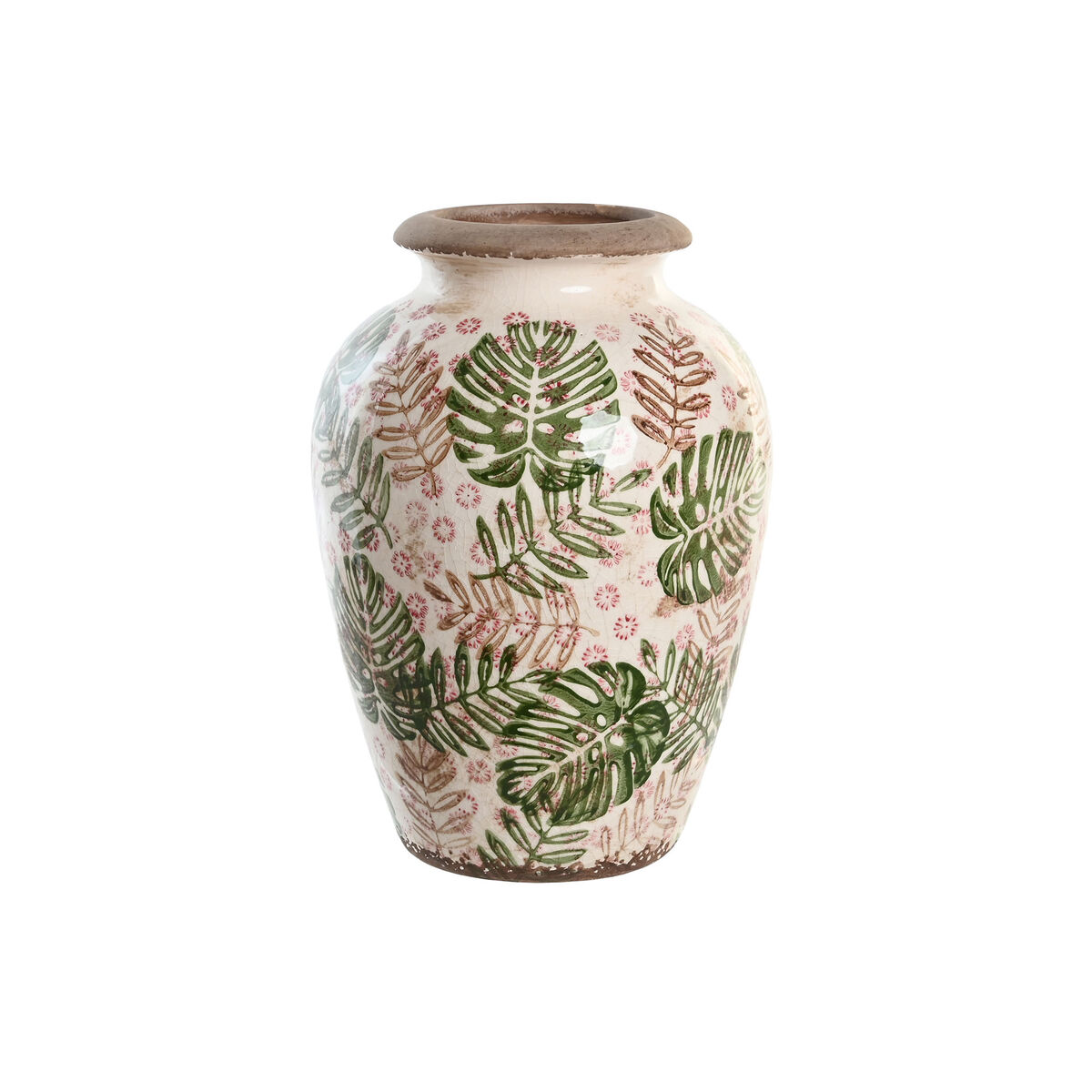 DKD Home Decor - Vaso DKD Home Decor Castanho Branco Verde Grés Tropical 18 x 18 x 25 cm Folha de planta