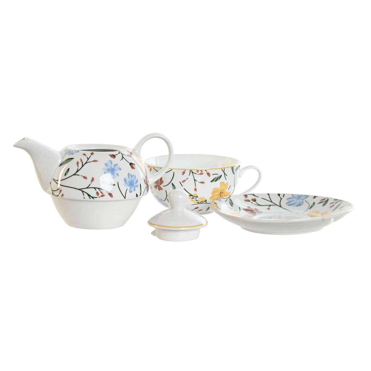 DKD Home Decor - Juego da Chaleira DKD Home Decor Porcelana Azul Terracota Branco Amarelo (3 Unidades)